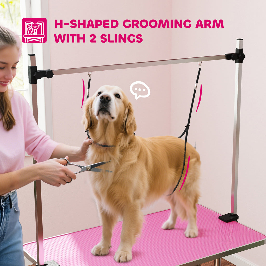 PawHut Foldable Dog Grooming Table with Adjustable Arm 107x60x164cm Pink