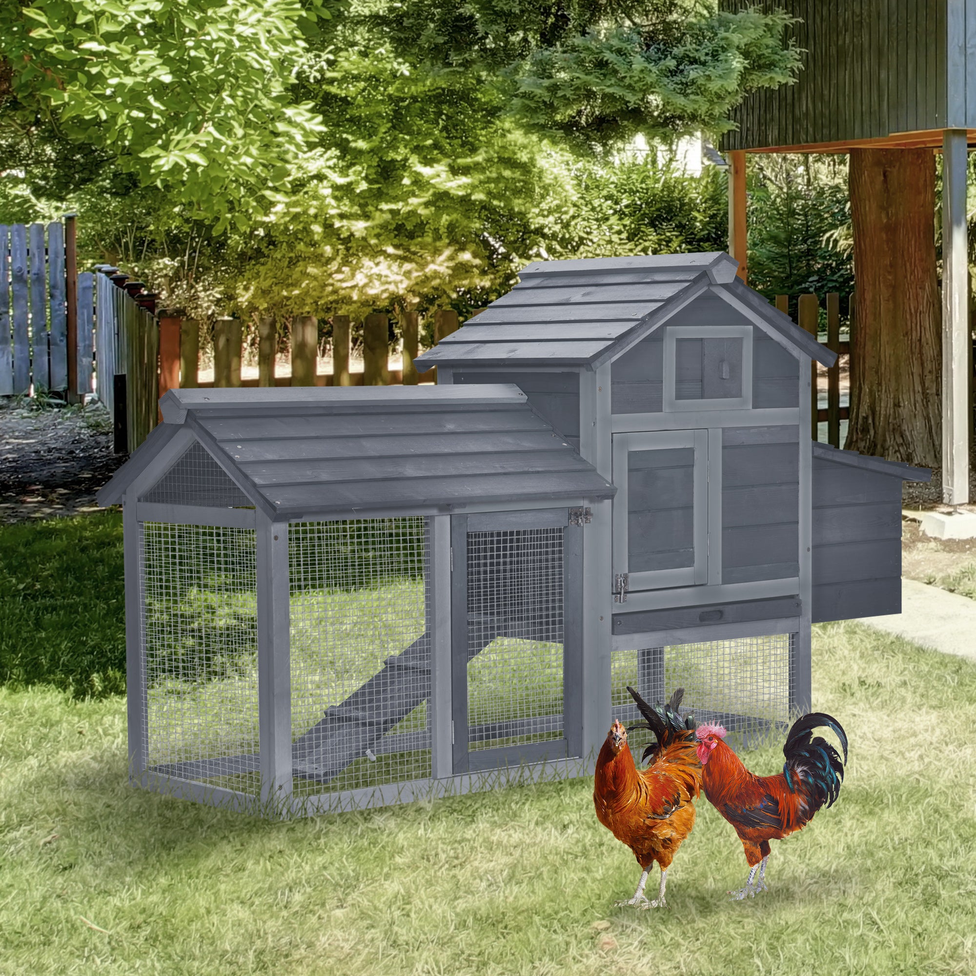 PawHut Small Chicken Coop with Run Hen House Poultry Nesting Box Grey