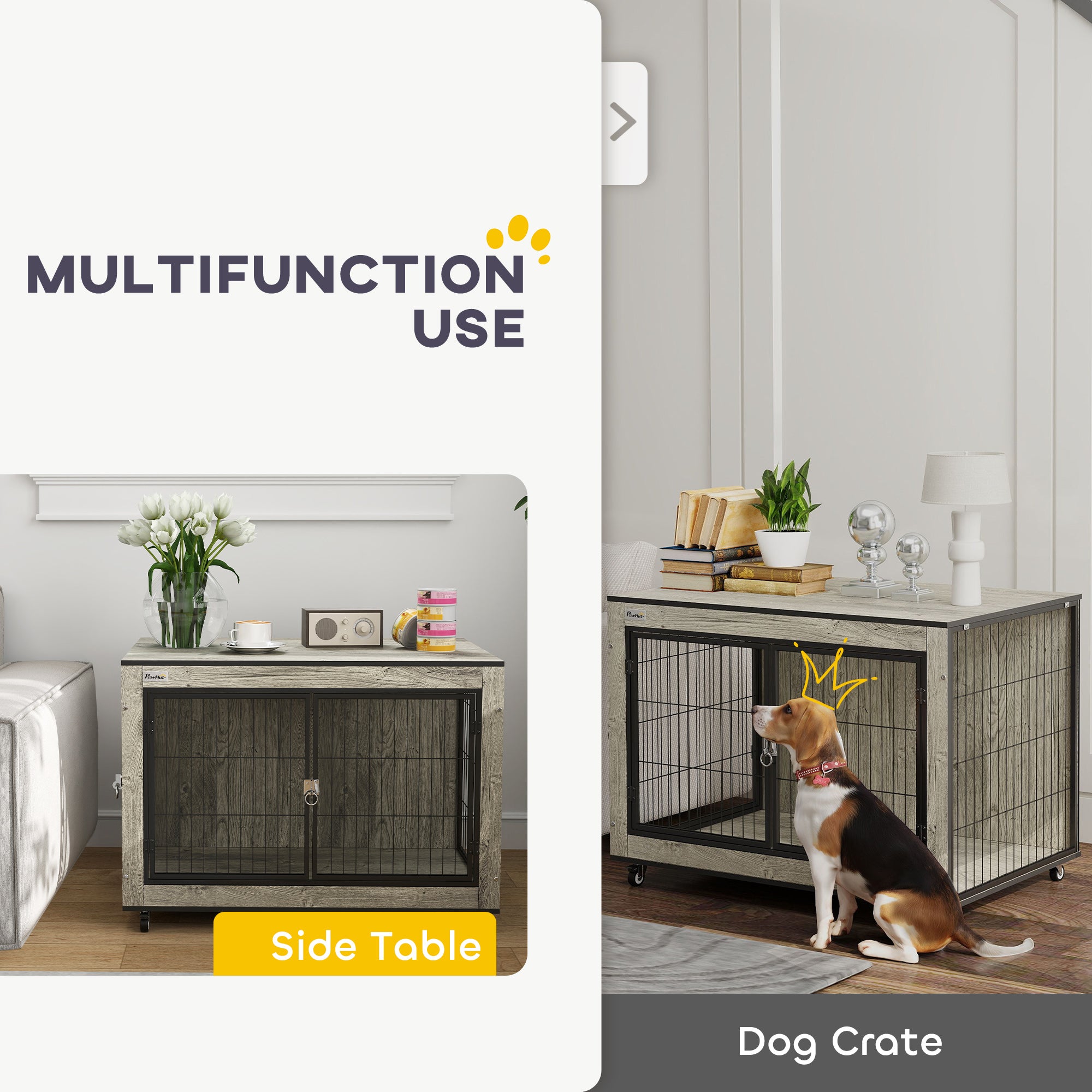 PawHut Dog Crate Furniture with Wheels Double Doors for Medium Dogs Grey