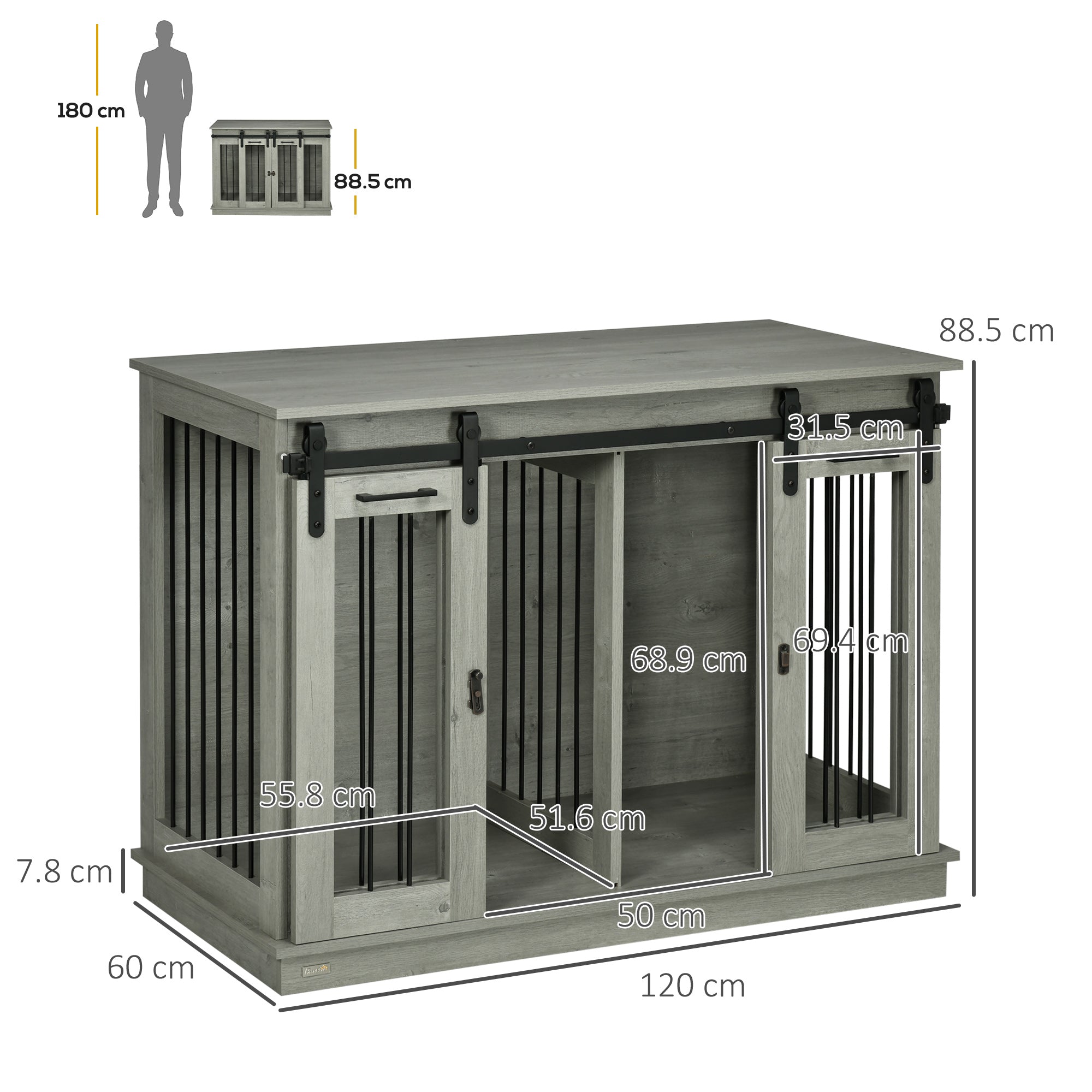 PawHut Dog Crate Furniture with Divider 120x60x88.5cm Grey