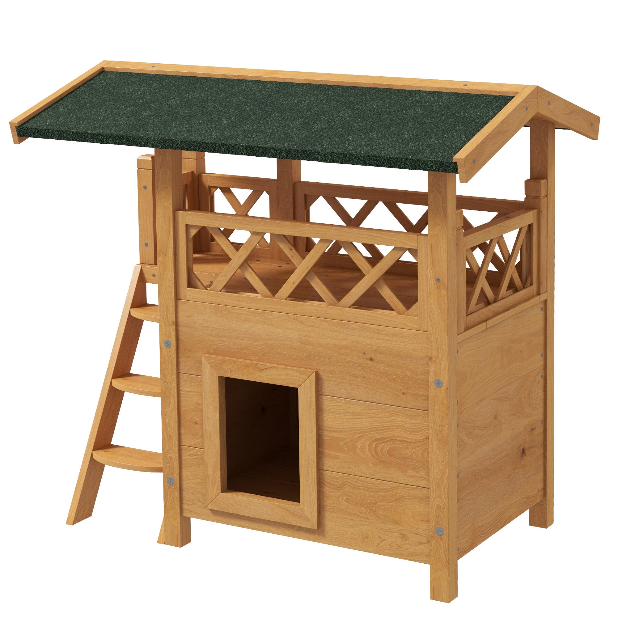 PawHut Cat House Outdoor with Balcony Stairs Roof 77x50x73cm Natural Wood Finish