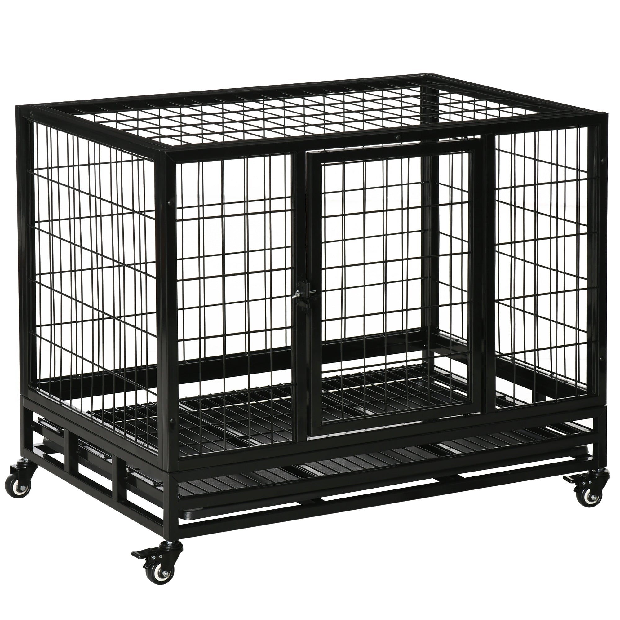 PawHut Heavy Duty Metal Dog Crate With Tray 92x62x75cm Black