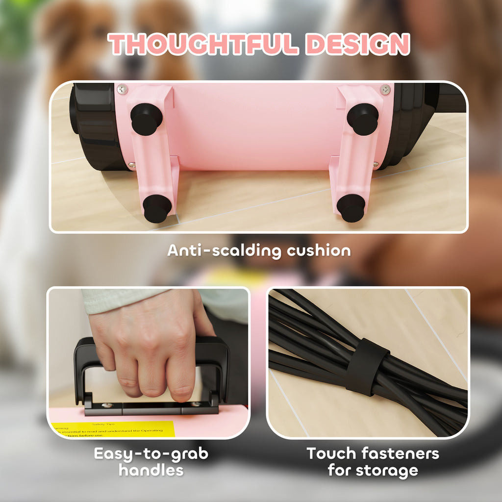 PawHut 2200W Dog Hair Dryer with Adjustable Temperature & Velocity, 3 Nozzles, Pink