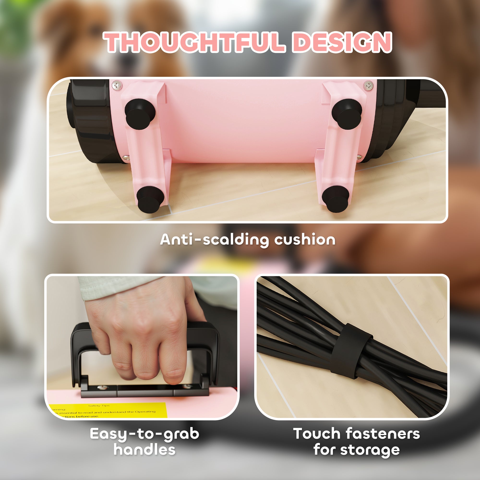 PawHut 2200W Dog Hair Dryer with Adjustable Temperature & Velocity, 3 Nozzles, Pink