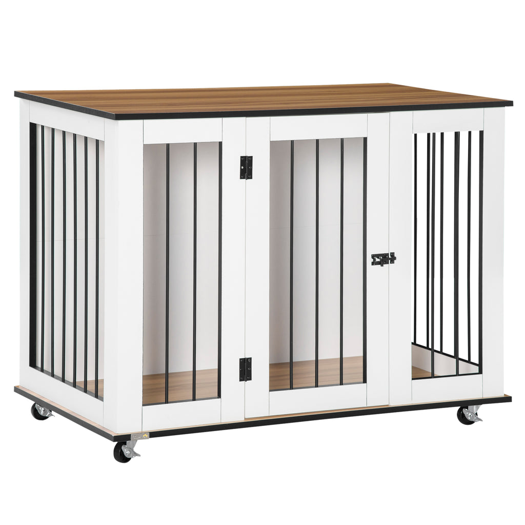 PawHut Dog Crate Furniture End Table With Wheels 106x60x82cm White
