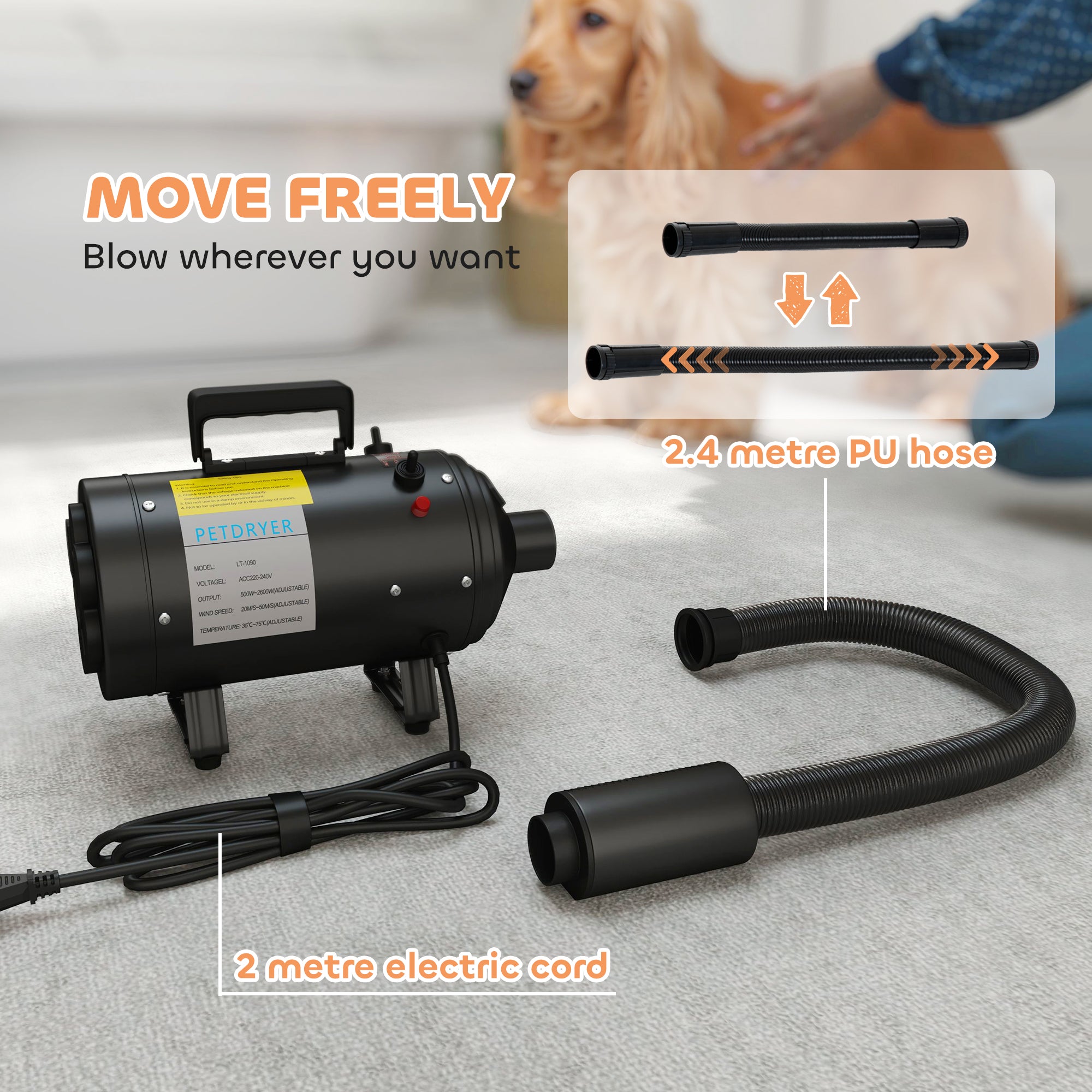 PawHut 2200W Dog Hair Dryer with Adjustable Temperature & Velocity, 3 Nozzles, Black