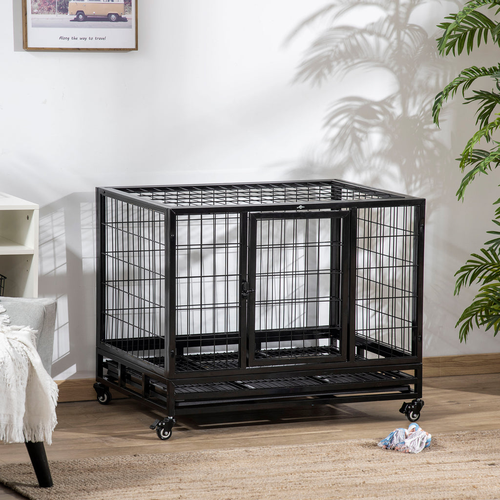 PawHut Heavy Duty Metal Dog Crate With Tray 92x62x75cm Black