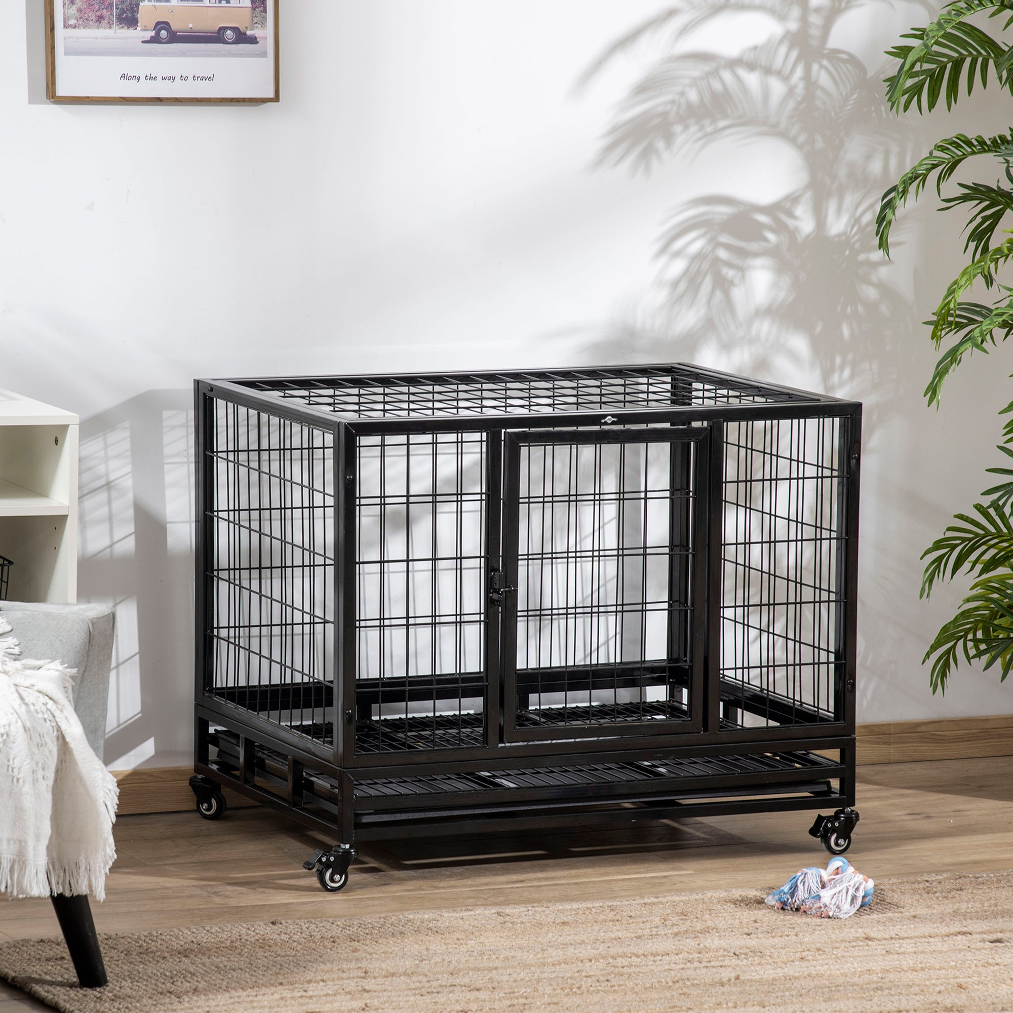 PawHut Heavy Duty Metal Dog Crate With Tray 92x62x75cm Black