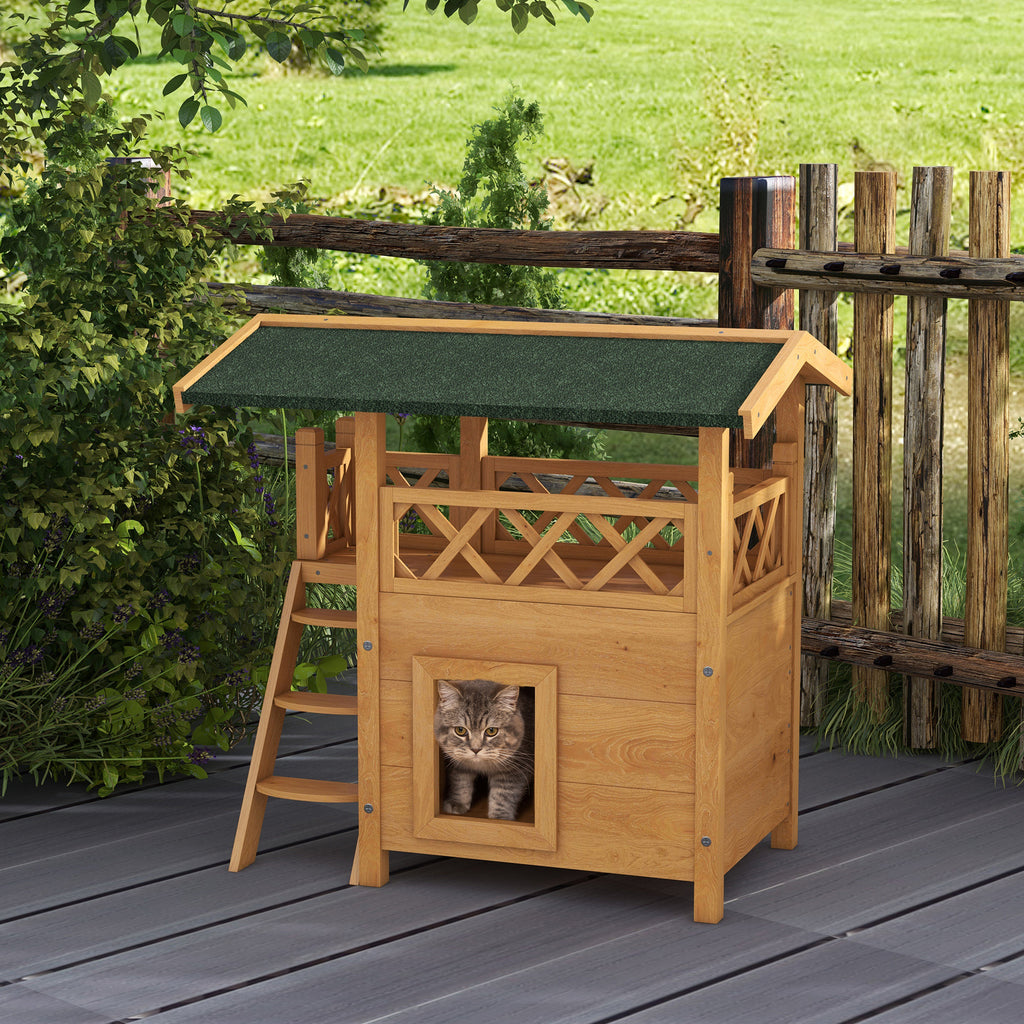 PawHut Cat House Outdoor with Balcony Stairs Roof 77x50x73cm Natural Wood Finish