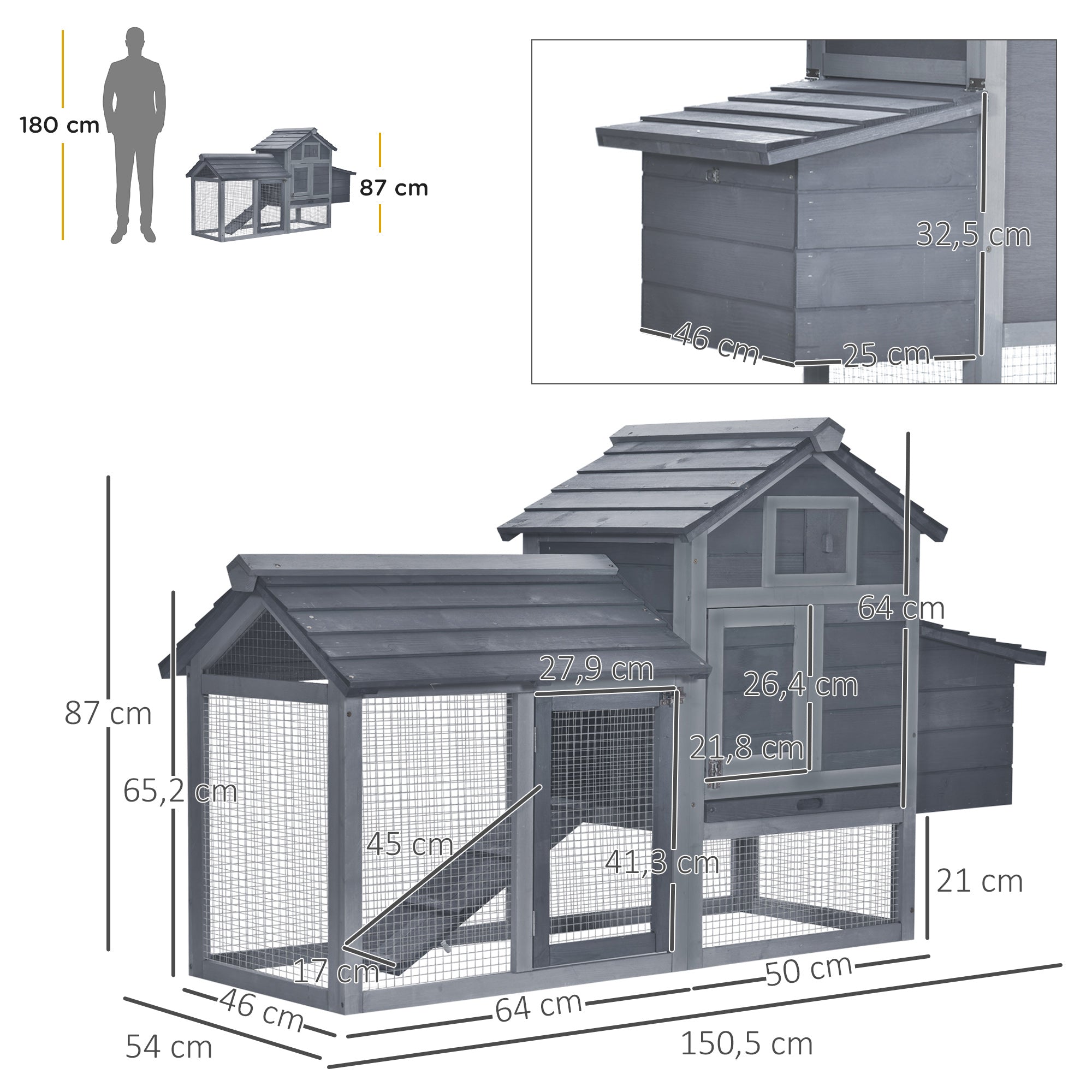 PawHut Small Chicken Coop with Run Hen House Poultry Nesting Box Grey