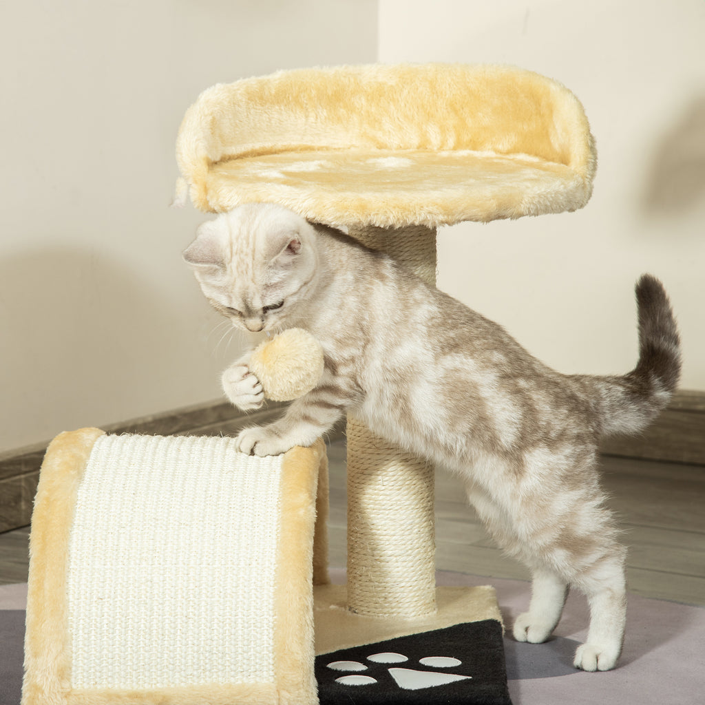 PawHut Cat Tree Scratching Post Kitten Activity Centre Climber Hanging Ball Beige