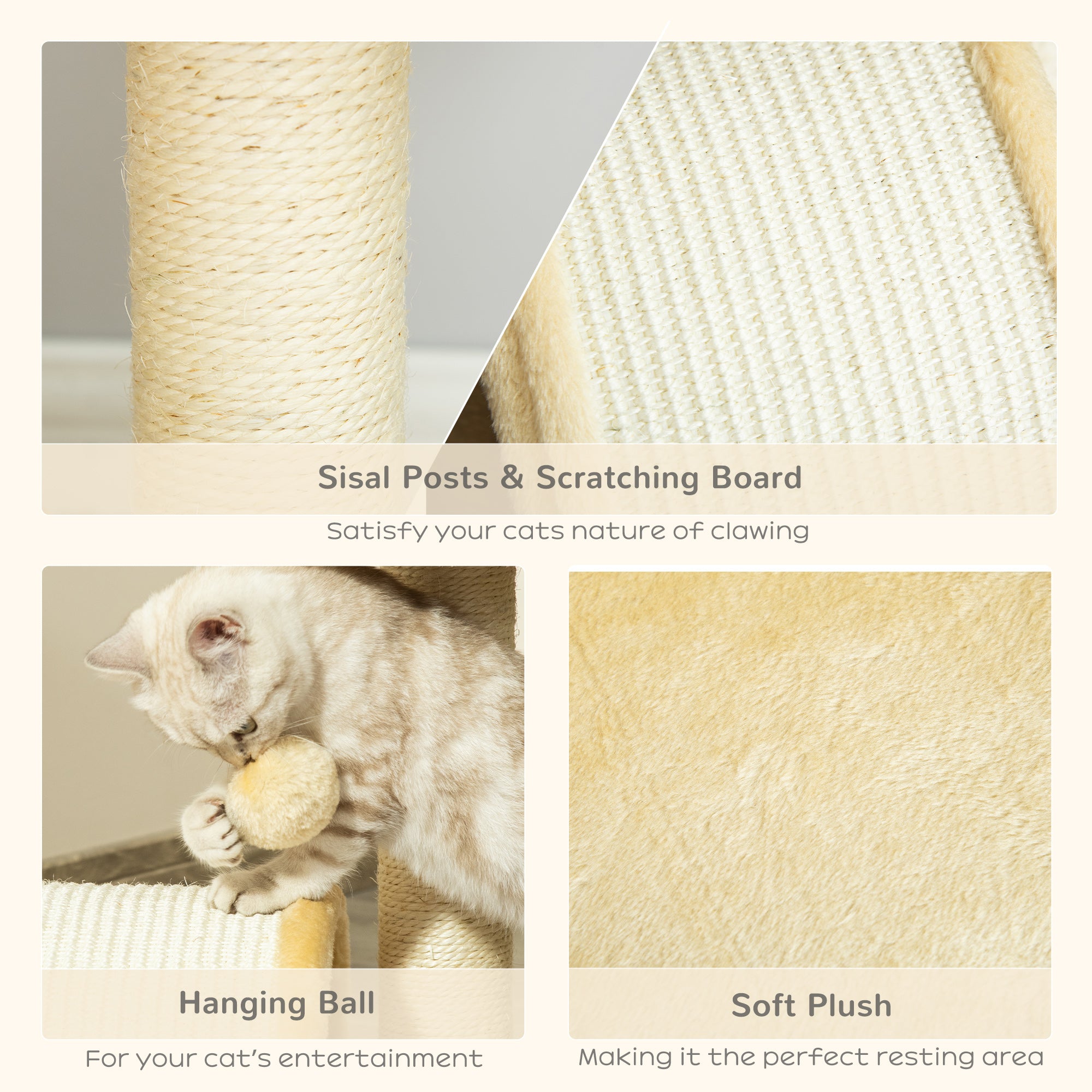 PawHut Cat Tree Scratching Post Kitten Activity Centre Climber Hanging Ball Beige