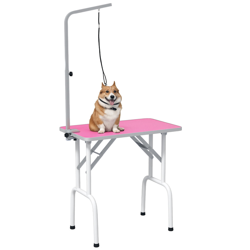 PawHut Foldable Dog Grooming Table with Adjustable Arm 81x48.5x80cm Pink