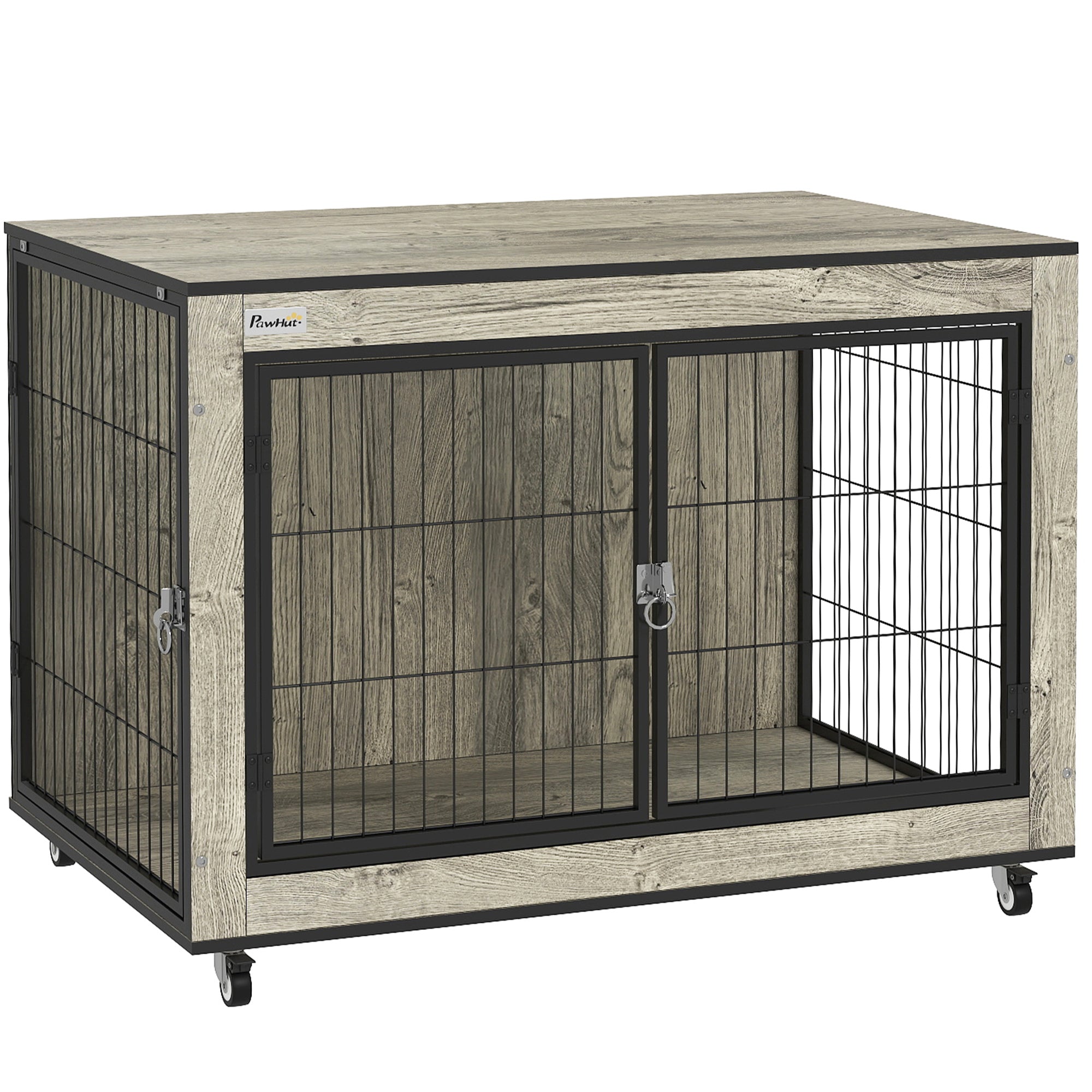 PawHut Dog Crate Furniture with Wheels Double Doors for Medium Dogs Grey