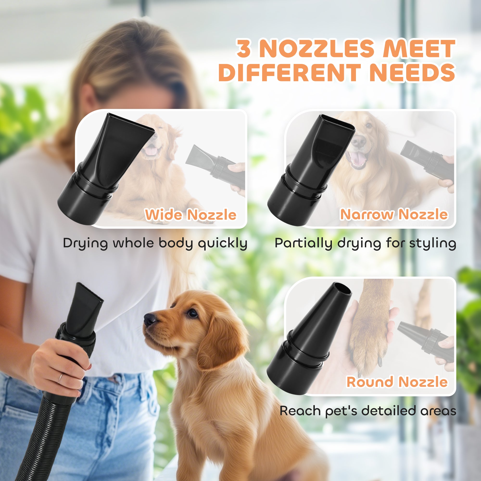 PawHut 2200W Dog Hair Dryer with Adjustable Temperature & Velocity, 3 Nozzles, Black