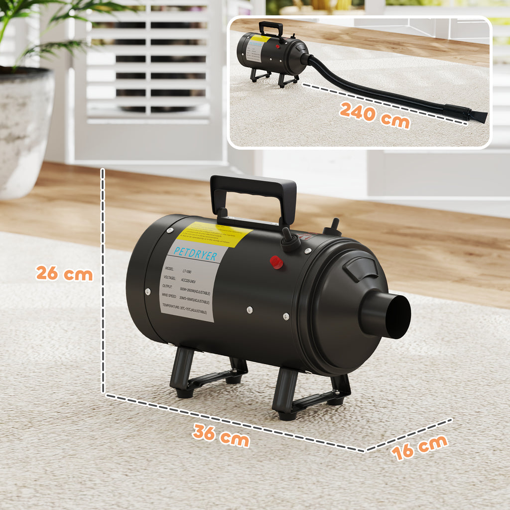 PawHut 2200W Dog Hair Dryer with Adjustable Temperature & Velocity, 3 Nozzles, Black