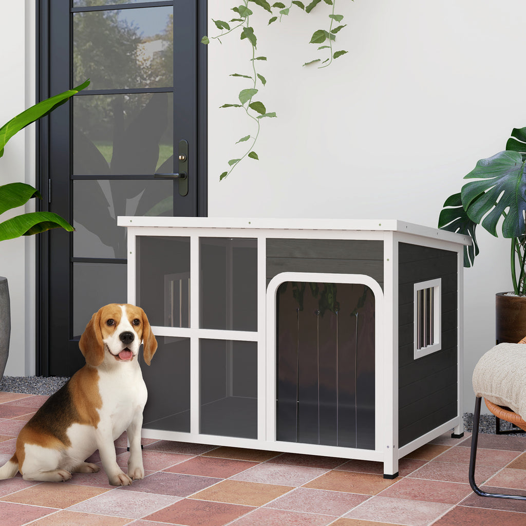 PawHut Wooden Dog House with Asphalt Openable Top 103x77x83cm Light Grey