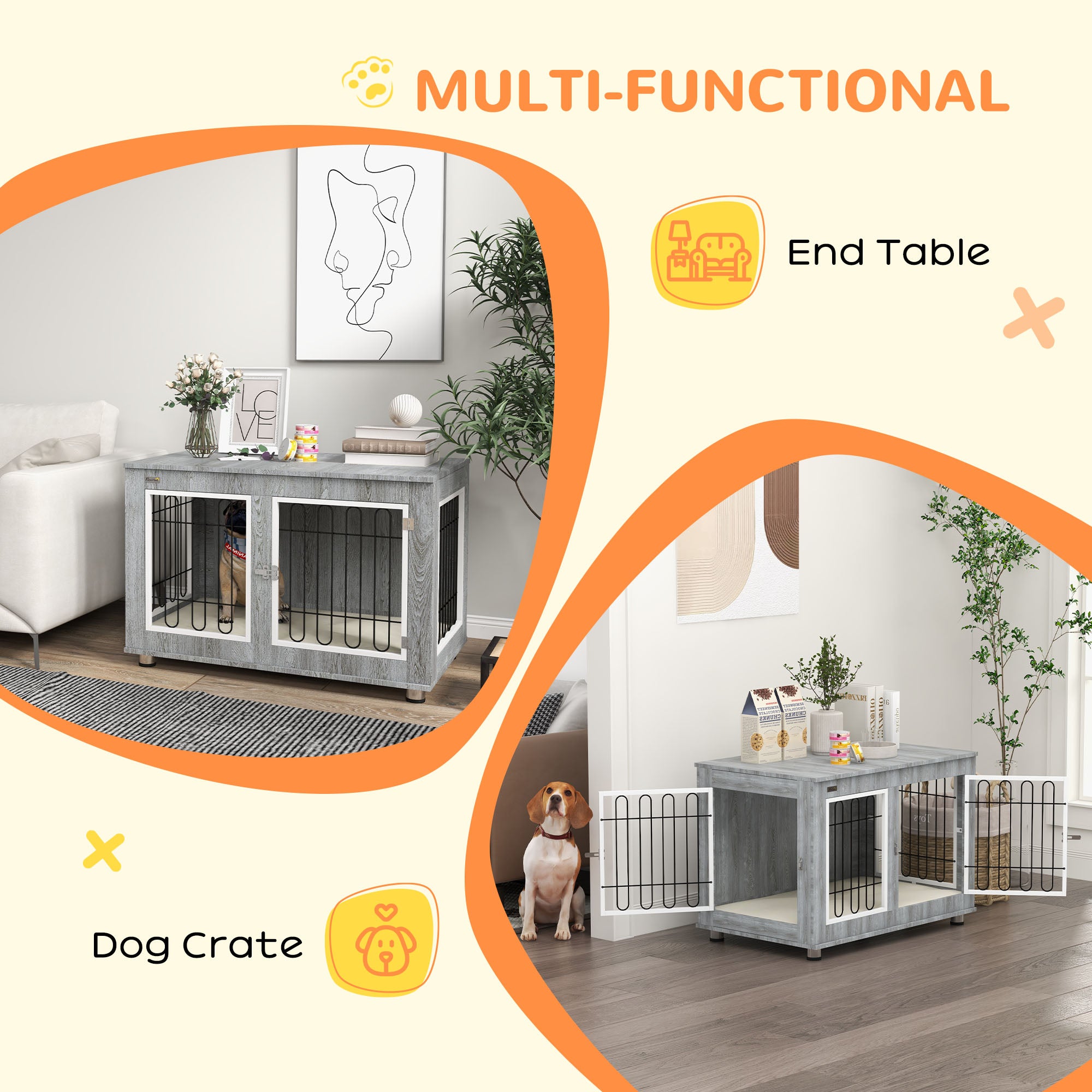 PawHut Dog Crate Furniture End Table Double Doors with Cushion 90x58x65cm Grey