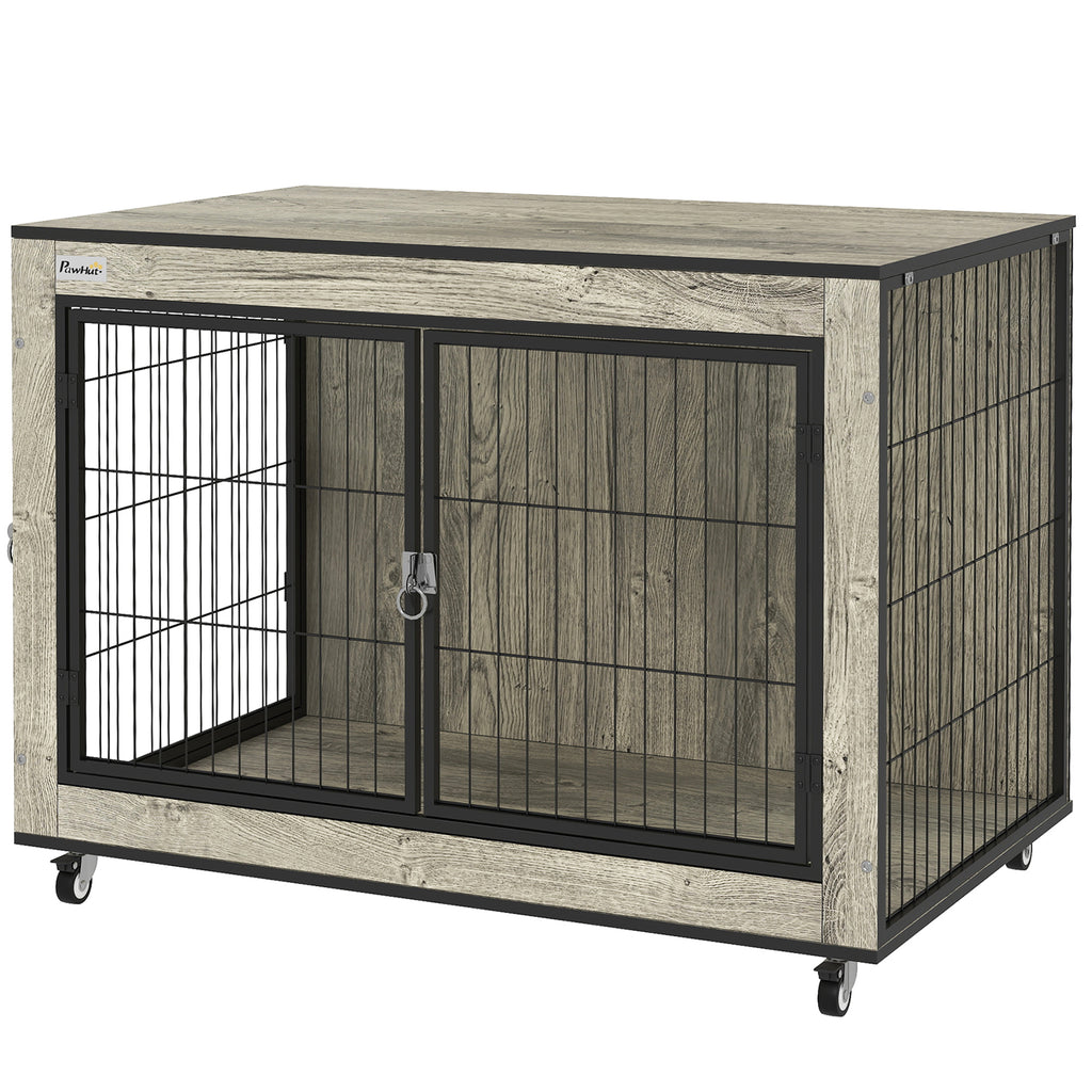 PawHut Dog Crate Furniture with Wheels Double Doors for Medium Dogs Grey