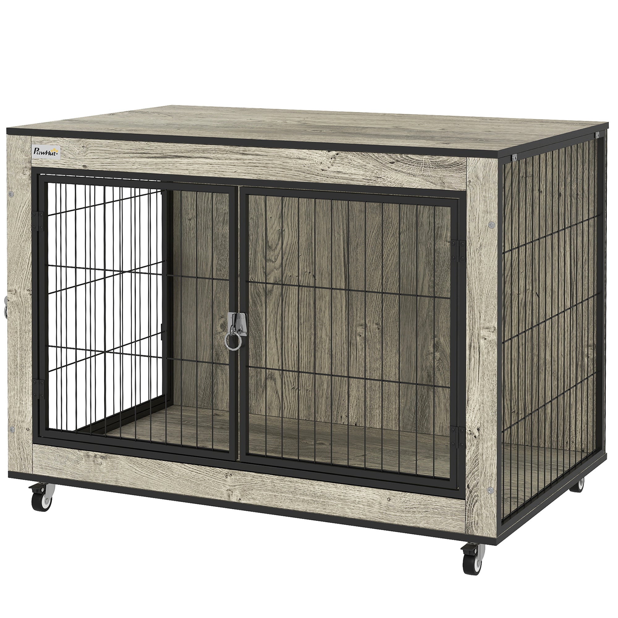 PawHut Dog Crate Furniture with Wheels Double Doors for Medium Dogs Grey