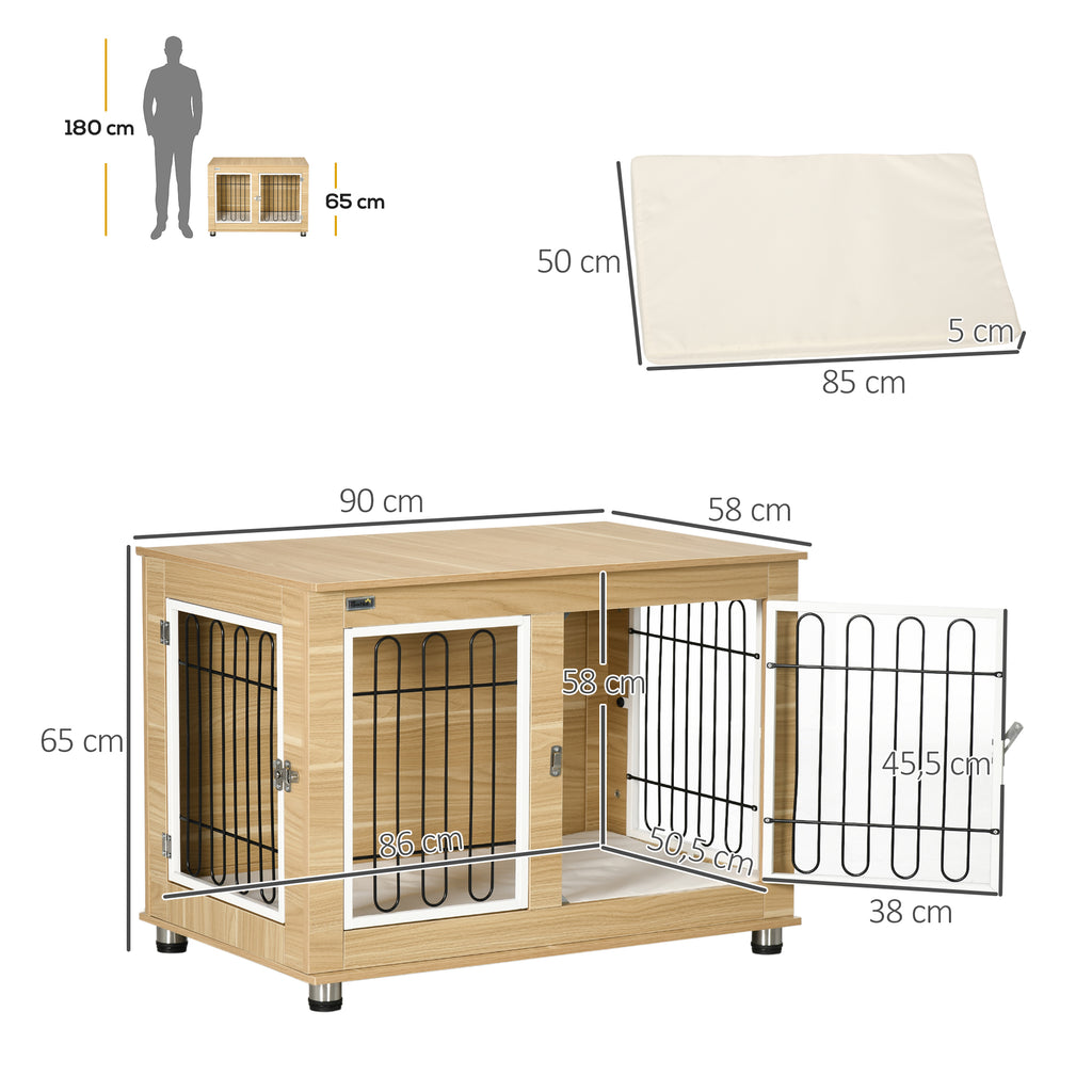 PawHut Dog Cage with Washable Cushion 90x58x65cm Natural Black White
