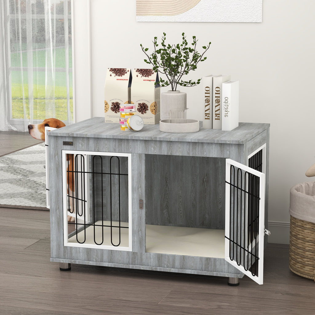 PawHut Dog Crate Furniture End Table Double Doors with Cushion 90x58x65cm Grey