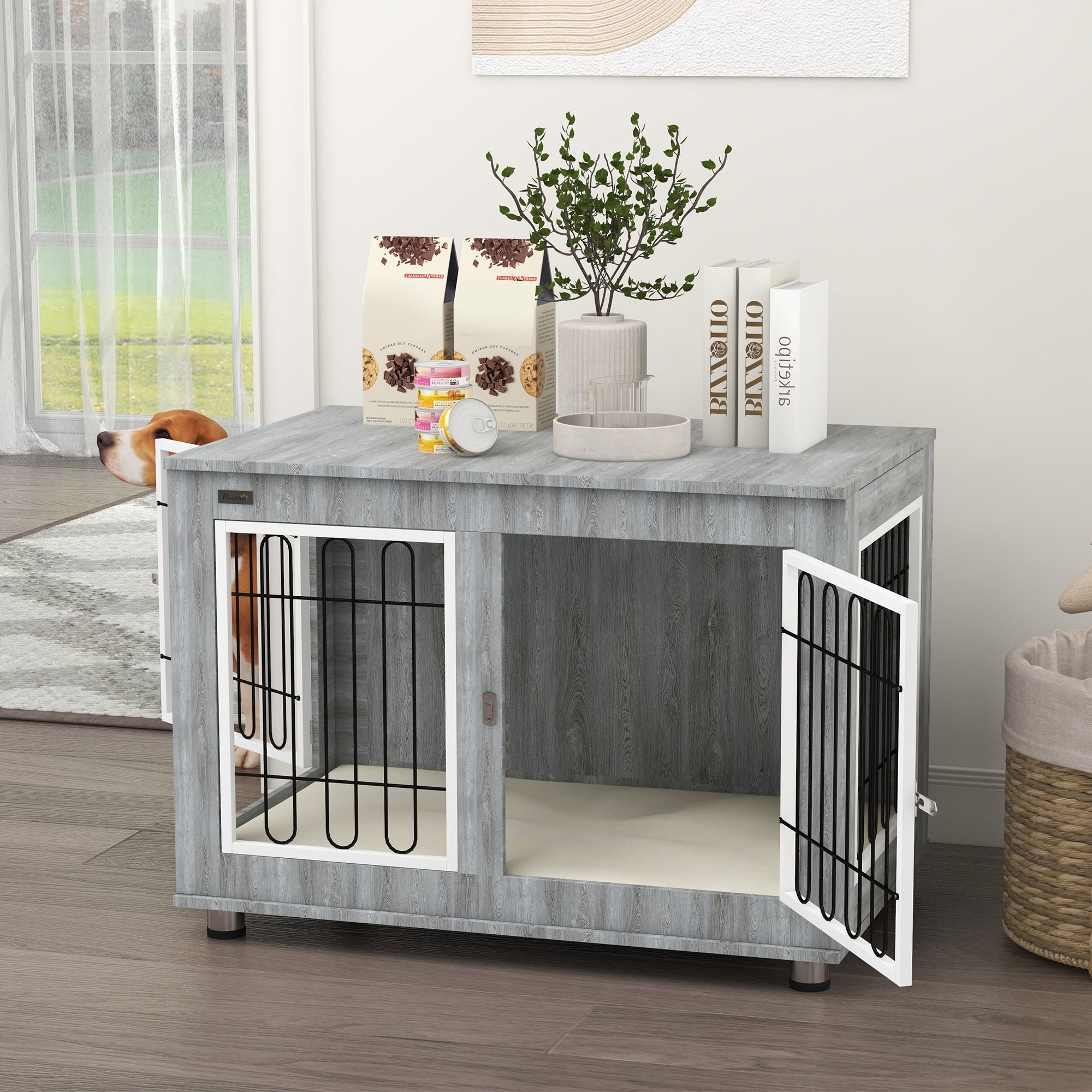 PawHut Dog Crate Furniture End Table Double Doors with Cushion 90x58x65cm Grey