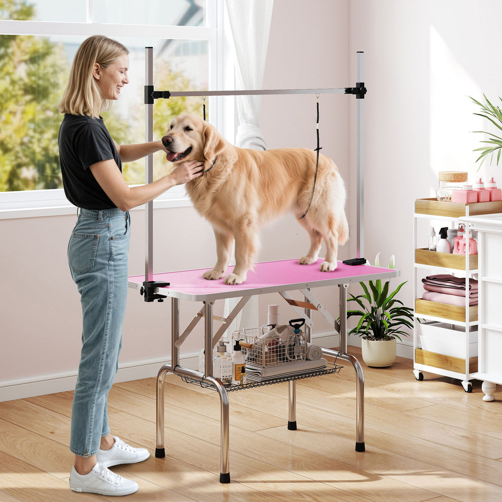 PawHut Foldable Dog Grooming Table with Adjustable Arm 107x60x164cm Pink