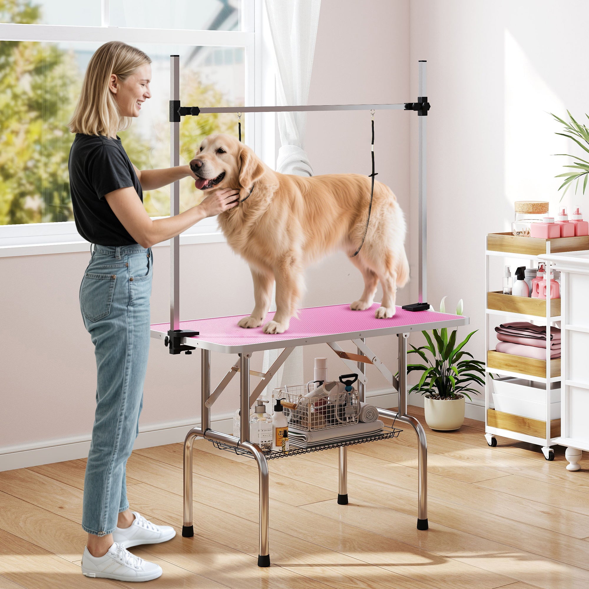 PawHut Foldable Dog Grooming Table with Adjustable Arm 107x60x164cm Pink