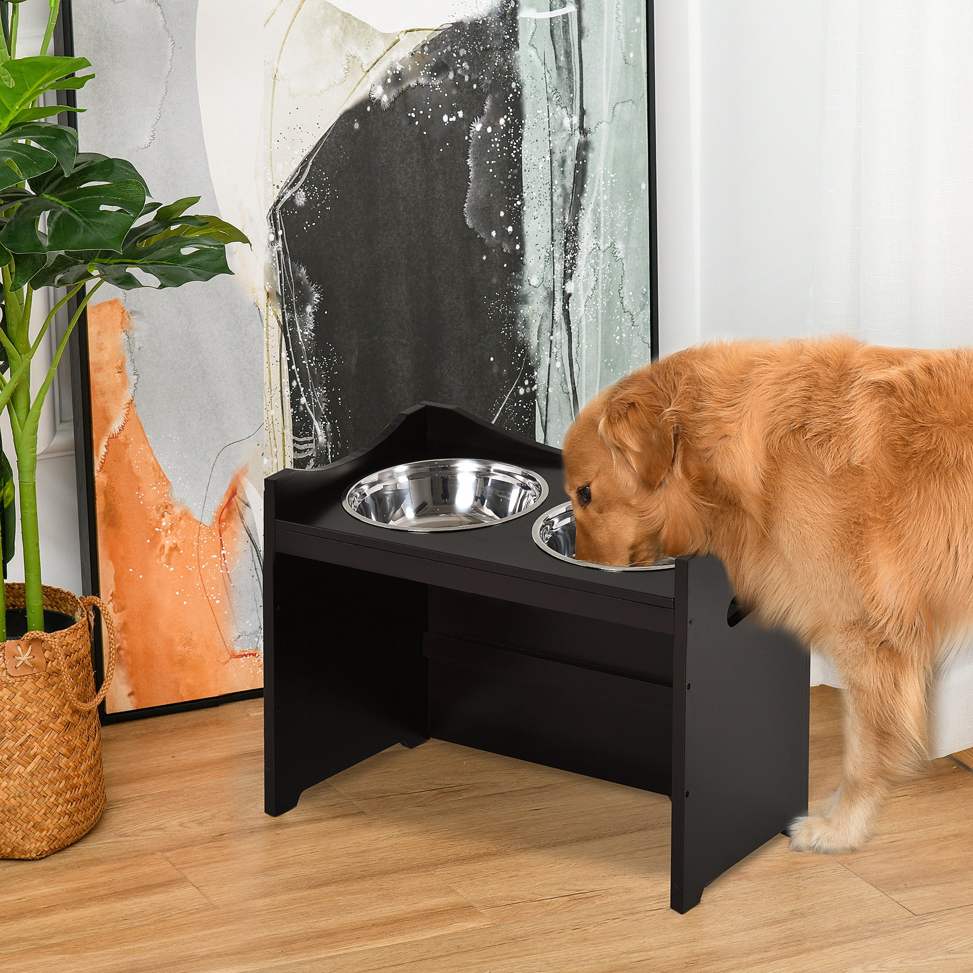 PawHut Raised Dog Bowls Adjustable Pet Feeder 2 Stainless Steel Bowls Brown