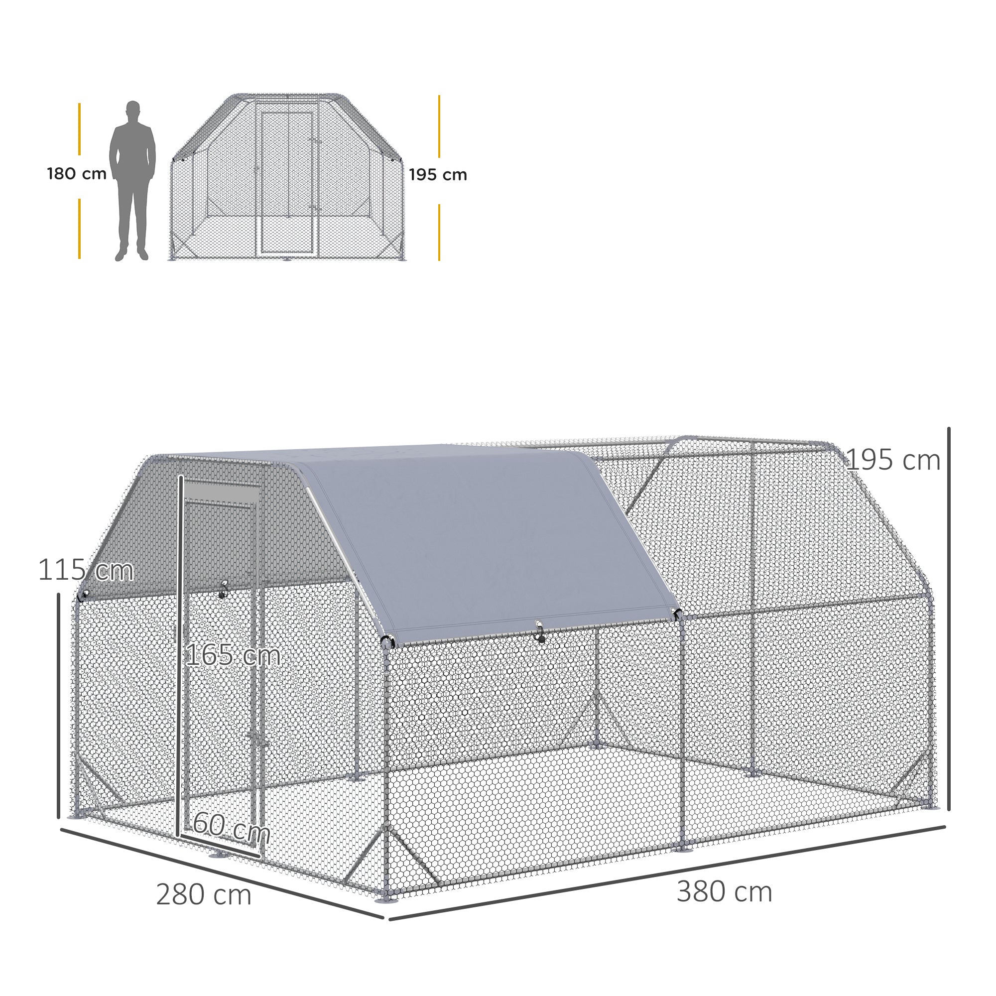 PawHut Walk-In Chicken Run with Roof for 10-12 Chickens 380 x 280 x 195cm Silver