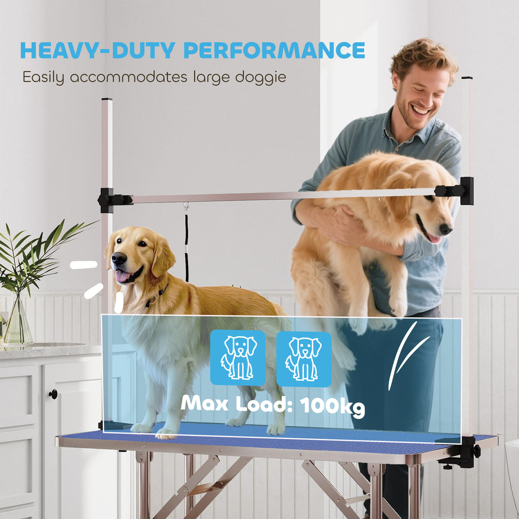 PawHut Foldable Dog Grooming Table with Adjustable Arm 107x60x170cm Blue