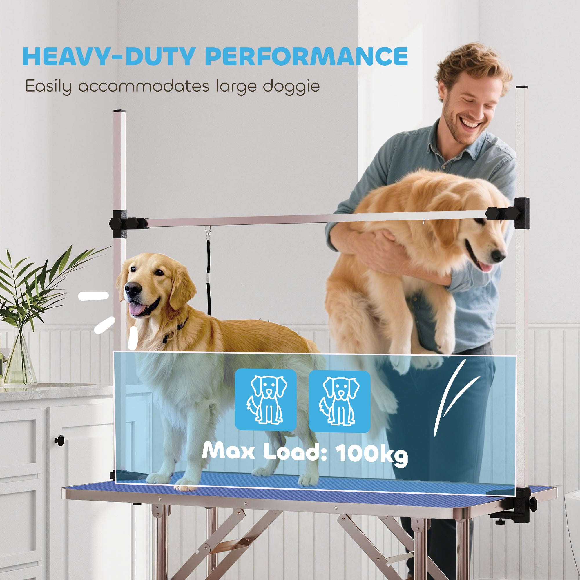 PawHut Foldable Dog Grooming Table with Adjustable Arm 107x60x170cm Blue