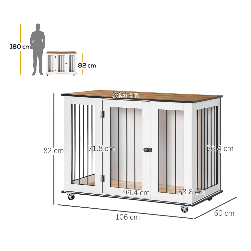 PawHut Dog Crate Furniture End Table With Wheels 106x60x82cm White