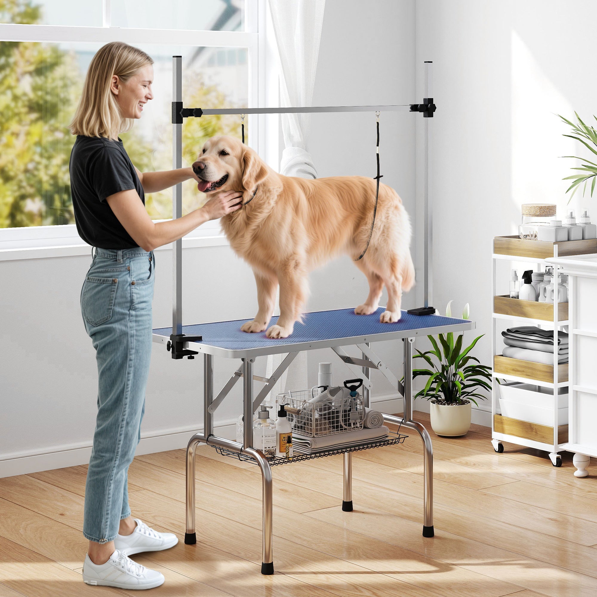 PawHut Foldable Dog Grooming Table with Adjustable Arm 107x60x170cm Blue