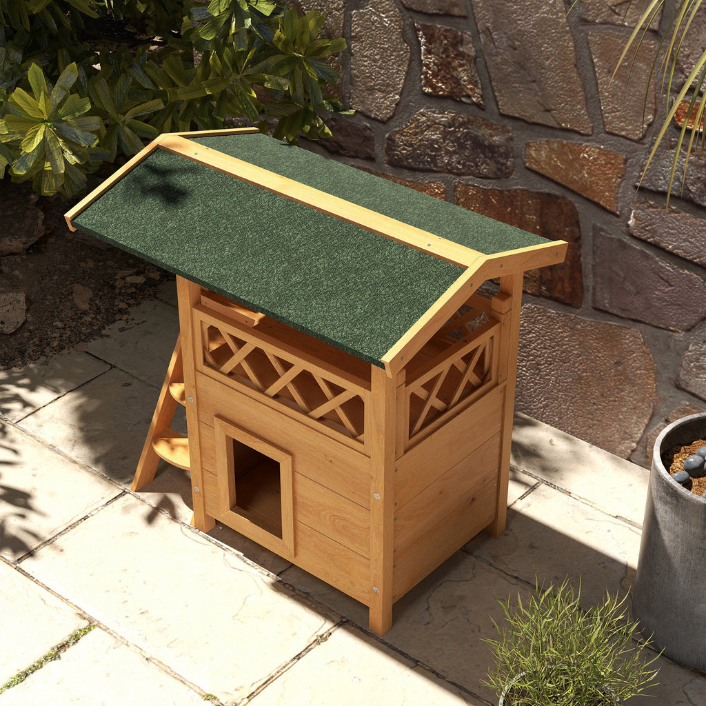 PawHut Cat House Outdoor with Balcony Stairs Roof 77x50x73cm Natural Wood Finish