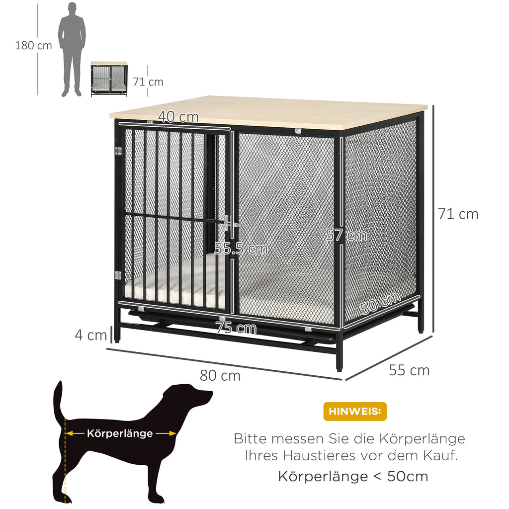 PawHut Dog Crate Furniture End Table with Water-Resistant Mat 80x55x71cm Oak+Black