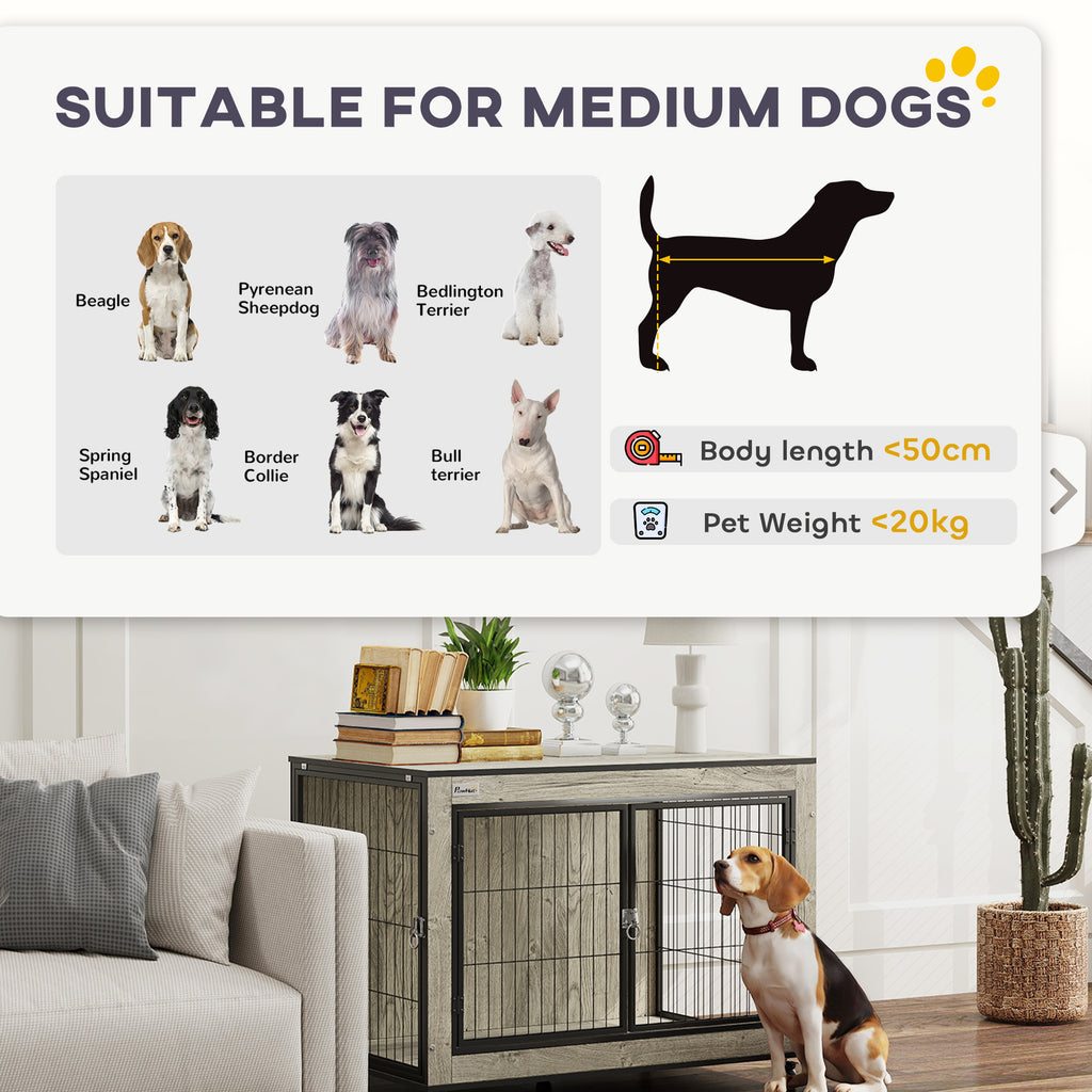 PawHut Dog Crate Furniture with Wheels Double Doors for Medium Dogs Grey