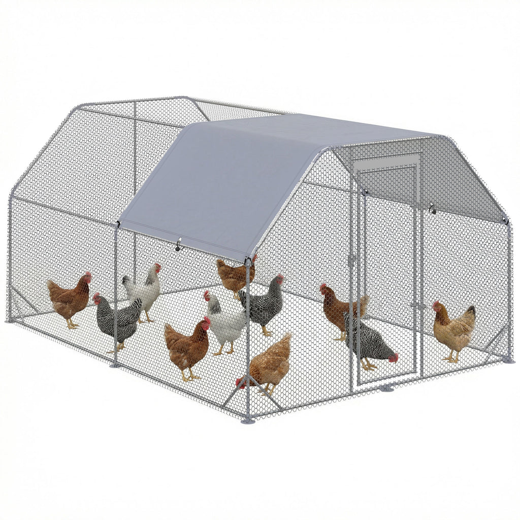 PawHut Walk-In Chicken Run with Roof for 10-12 Chickens 380 x 280 x 195cm Silver