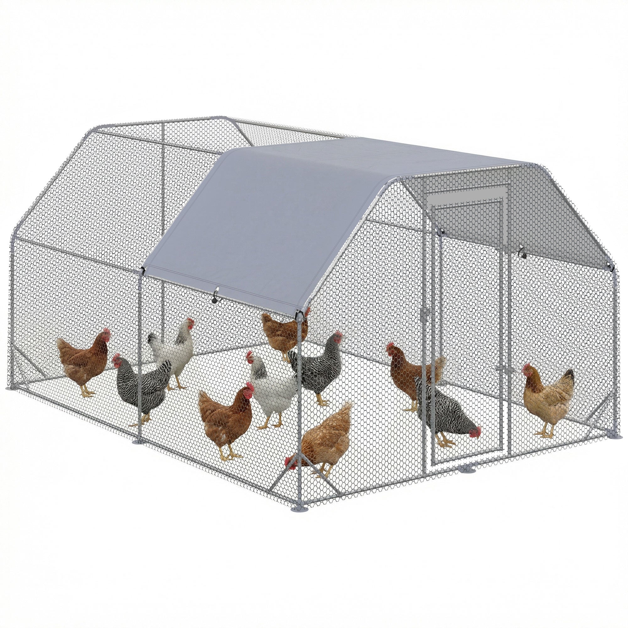 PawHut Walk-In Chicken Run with Roof for 10-12 Chickens 380 x 280 x 195cm Silver