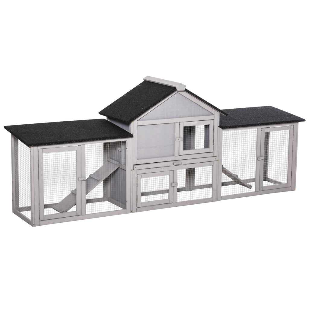 PawHut Small Animal Hutch with 2 Outdoor Runs Asphalt Roof Fir Wood Gray + Black