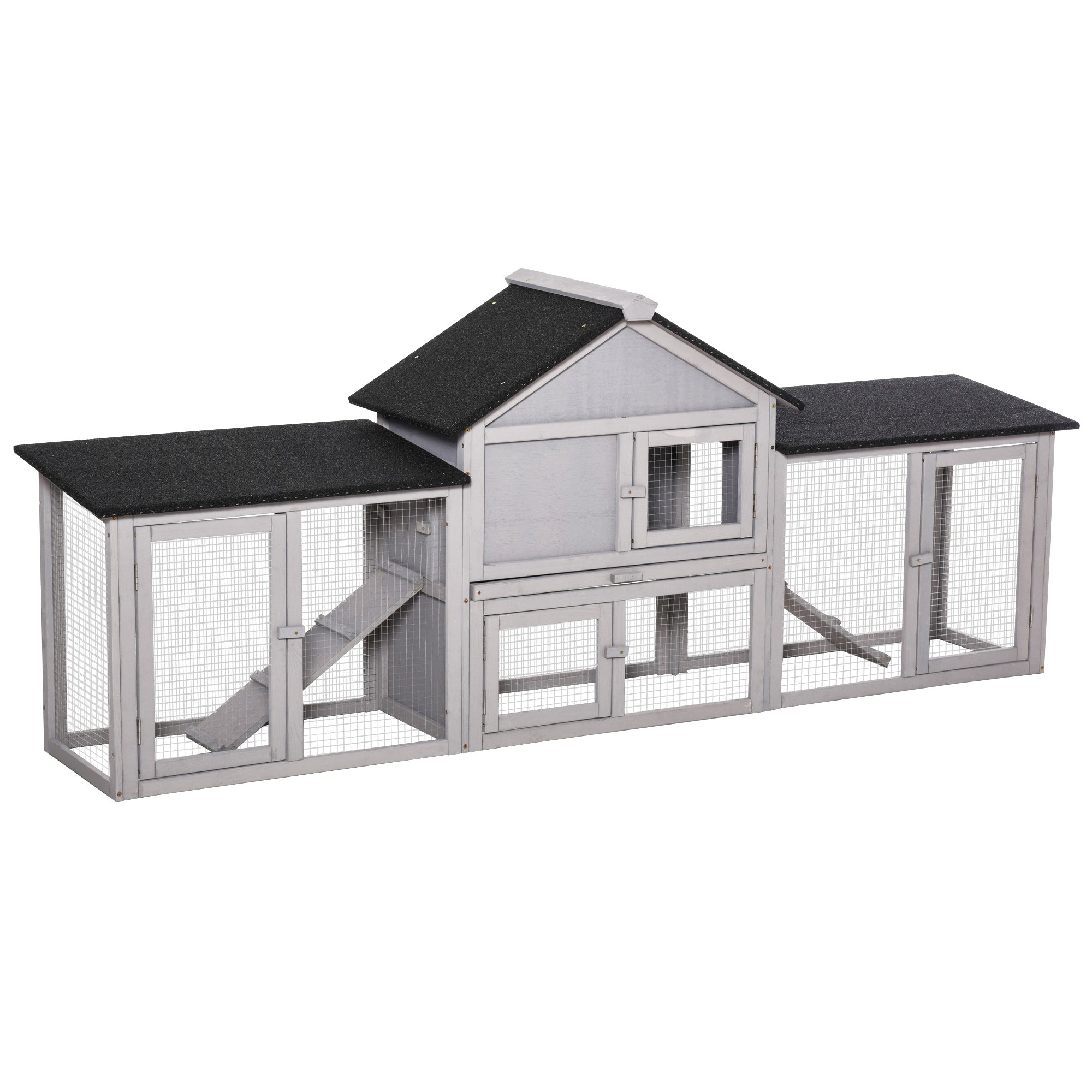 PawHut Small Animal Hutch with 2 Outdoor Runs Asphalt Roof Fir Wood Gray + Black