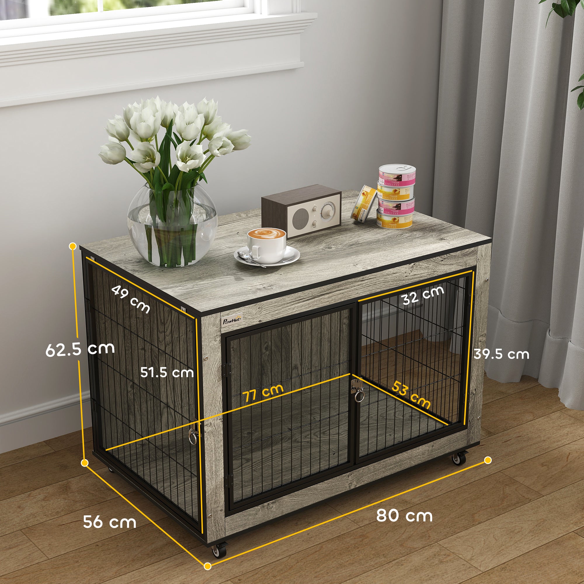 PawHut Dog Crate Furniture with Wheels Double Doors for Medium Dogs Grey