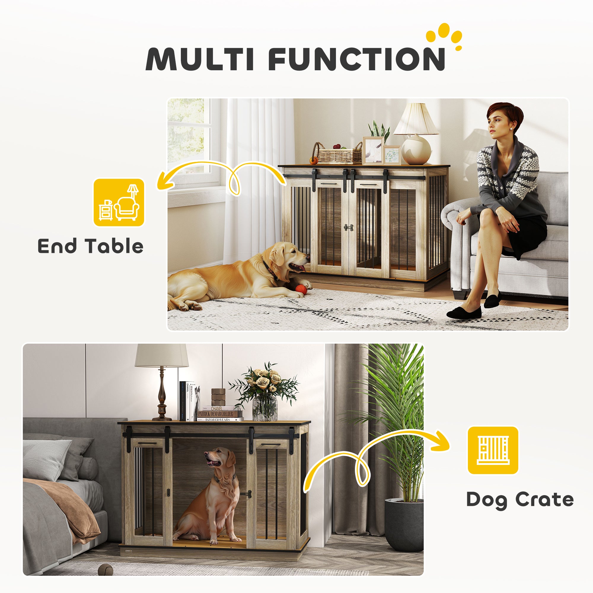 PawHut Dog Crate Furniture Double Door with Divider 120x60x88.5cm Oak