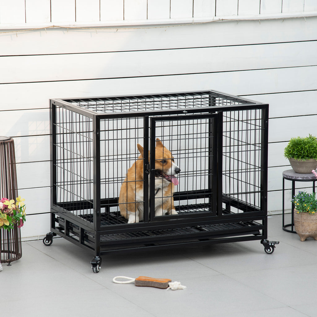 PawHut Heavy Duty Metal Dog Crate With Tray 92x62x75cm Black