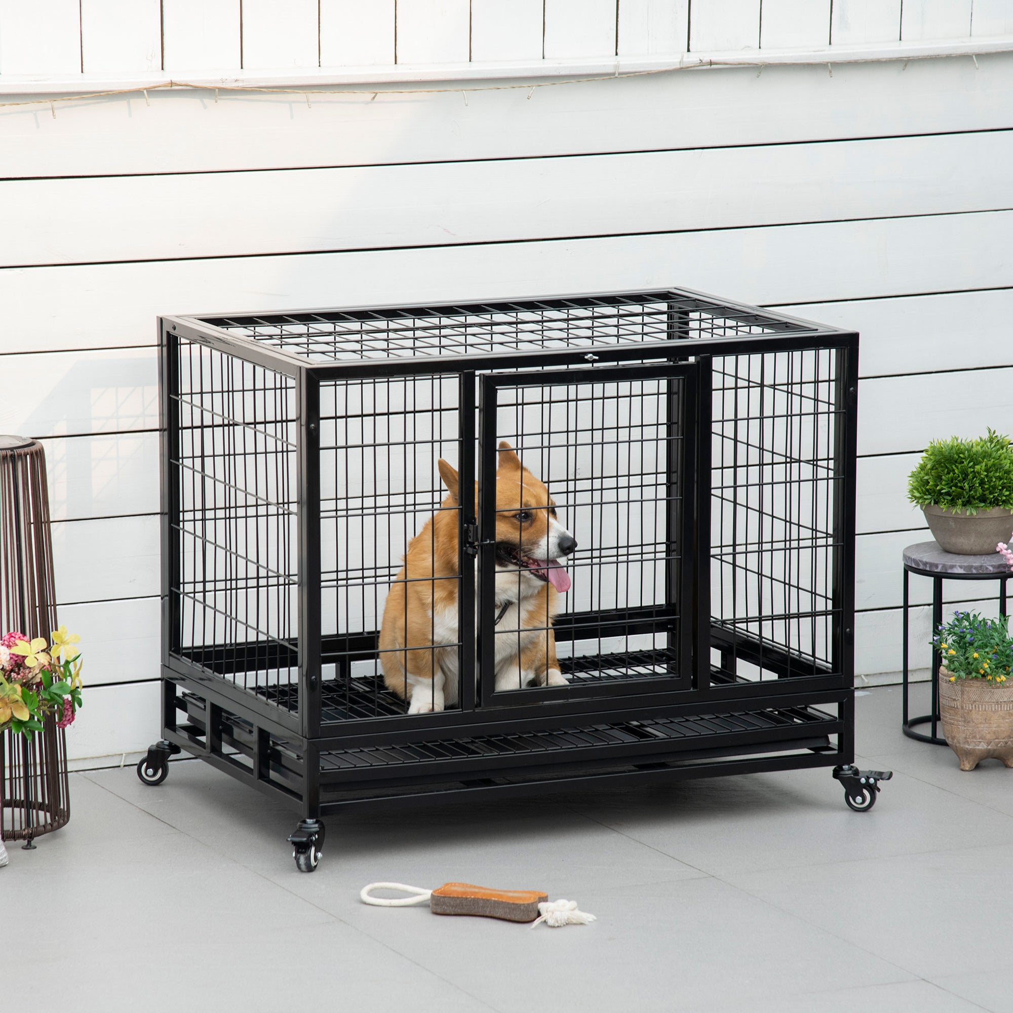 PawHut Heavy Duty Metal Dog Crate With Tray 92x62x75cm Black