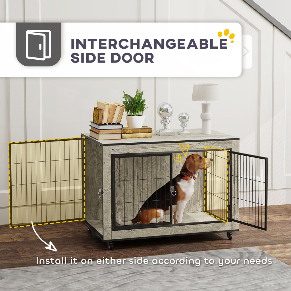 PawHut Dog Crate Furniture with Wheels Double Doors for Medium Dogs Grey