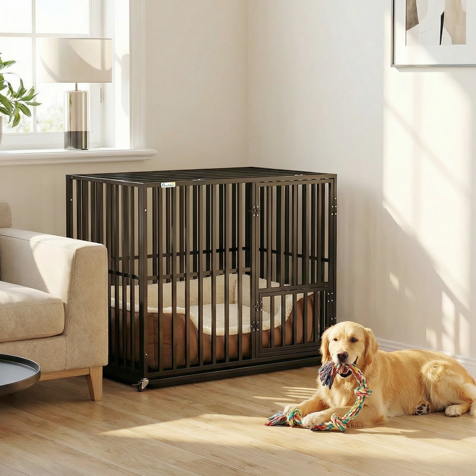 PawHut Heavy Duty Dog Crate with Wheels 95x57x81cm Black
