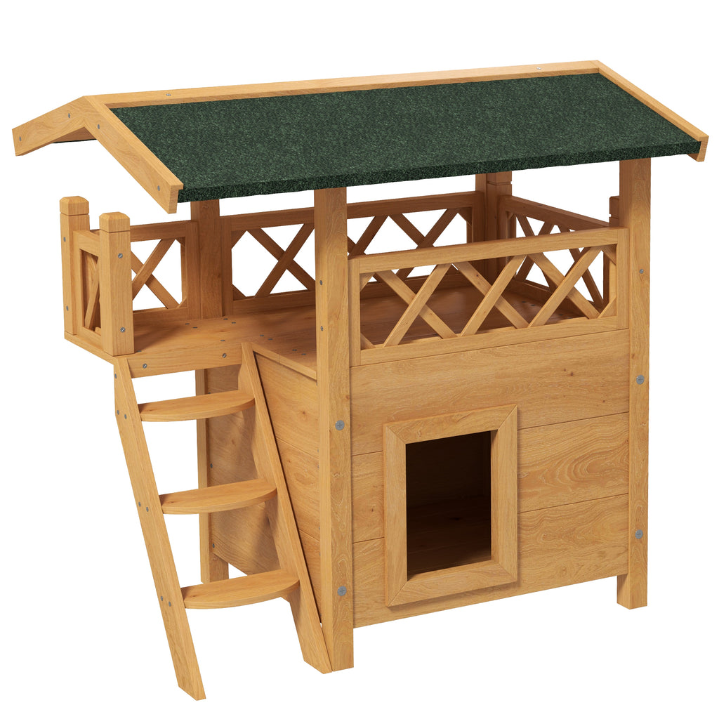 PawHut Cat House Outdoor with Balcony Stairs Roof 77x50x73cm Natural Wood Finish
