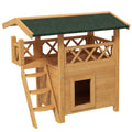 PawHut Cat House Outdoor with Balcony Stairs Roof 77x50x73cm Natural Wood Finish